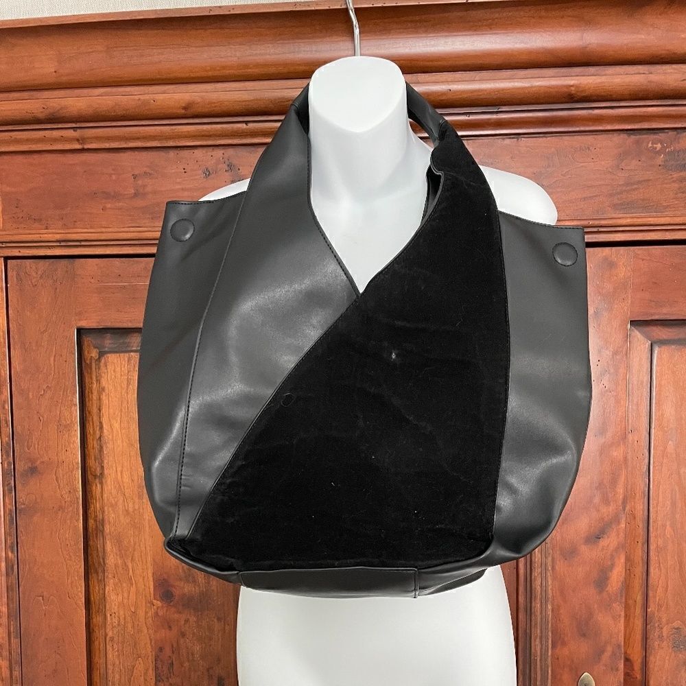 French Connection Black Suede and Faux Leather Kiera Tote Bag